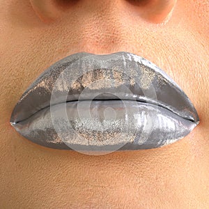 Metallic Lipstick MakeUp MockUp. Part of the Face, Beautiful Female Lips CloseUp with a Colorless metal flakes Make Up Template.