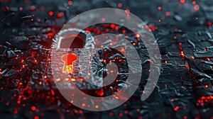 Metallic lock set against a dark background, featuring a glowing keyhole illuminated by vibrant red light. Cybersecurity conecpt photo