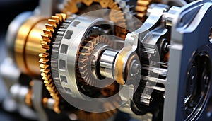 Metallic machinery turning, teamwork interlocked, manufacturing equipment innovation generated by AI