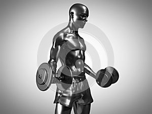 a metallic man lifting dumbbells