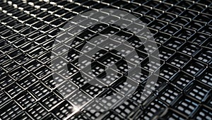 Metallic mesh in black with fine grid and diagonal light reflections on surface