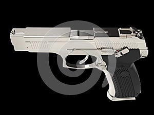 Metallic modern tactical hand gun - top down view