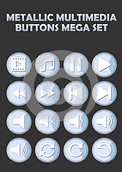 Metallic multimedia buttons set for website, elegant icons with pictogram symbols