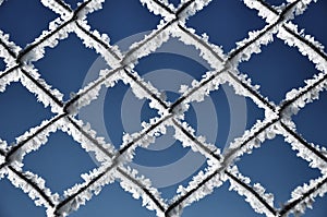 Metallic net covered with hoarfrost. Extreme cold weather concept