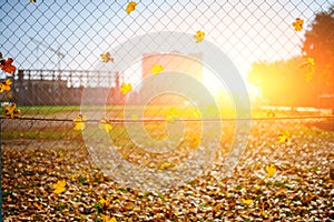 Metallic net-shaped fence from wire with autumn leaf stucked in it on a background of blur city