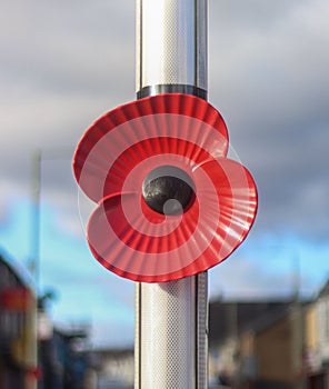 Metallic object adorned with a Remembrance Day poppy.