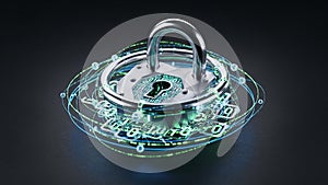 Metallic padlock with binary code and glowing green digital network on dark background security