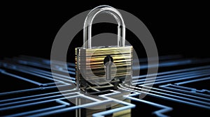 Secured Internet Connection: Metallic Padlock on Digital Circuit Background