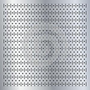 Metallic peg board perforated texture background material with round holes pattern board vector illustration.