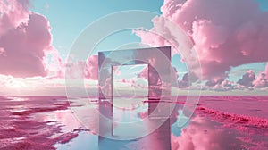 A metallic pink square portal in the river with desert and cloudy sky. AIGX03.