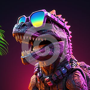 Vibrant colored dinosaur closeup, wearing sunglasses, in fun design.