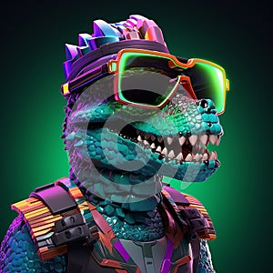 Vibrant colored dinosaur closeup, wearing sunglasses, in fun design.