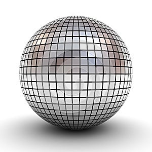 Metallic polygonal chrome sphere or disco ball over white background with shadow