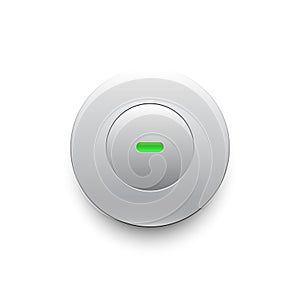 Metallic push button with green led light on white background