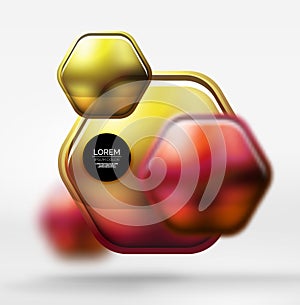 Metallic realistic texture on 3d hexagons, vector digital backdrop