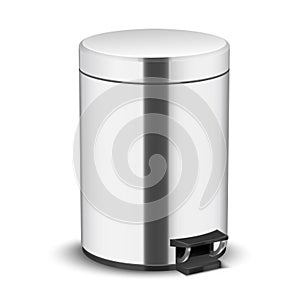 Metallic realistic trash can vector illustration. Stainless steel cylindrical garbage container