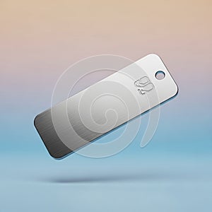 A metallic rectangular tag with rounded edges and a brushed