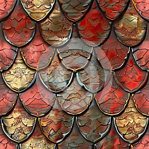 Metallic Red and Gold Dragon Scale Seamless Pattern