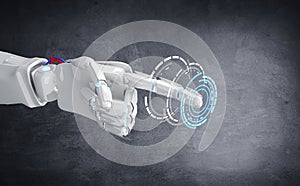 Metallic robot hand point forefinger.