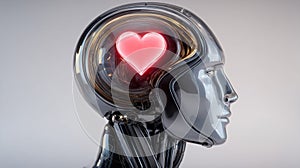 A metallic robot head with a glowing heart symbolizing artificial intelligence and emotion.