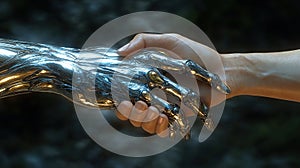 A metallic robotic hand shakes a human hand. A futuristic depiction of human-robot interaction photo