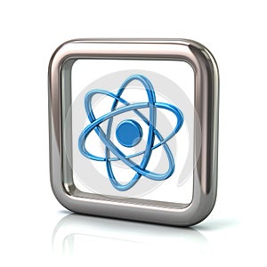 Metallic rounded square frame with blue atom icon