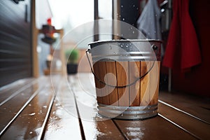 metallic sauna bucket filled to the brim with water