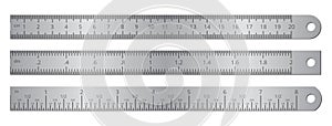 Metallic school rulers with inch and centimeter measuring scale vector illustration isolated on white background