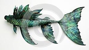 A metallic sculpture of a fish with intricate, overlapping scales in shades of green and blue, against a white background