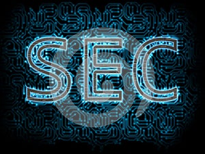 Metallic SEC Security Exchange Commission text with blue glowing led circuit board inside on blue background.