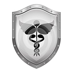 Metallic shield Health symbol with Serpent entwined