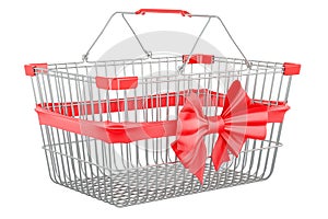 Metallic shopping basket with red bow and ribbon. 3D rendering