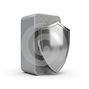 Silver Shield Protecting a Metallic Computer Server Tower on White Background technology