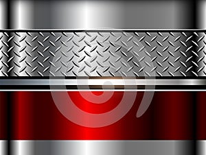 Metallic silver red background, 3d metal shiny chrome with diamond plate texture