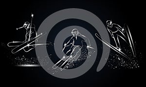 Metallic Skiers Set. Chromed linear ski sport illustration for sport banner, background.