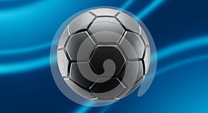 A metallic soccer ball with a hexagonal and pentagonal pattern is