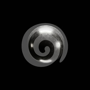 A metallic sphere with a glossy surface reflects light against a black background. The