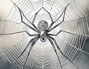 A metallic spider, designed intricately with watch parts, centered on a web made of thin white lines against a soft, almost photo