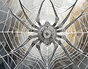 A metallic spider, designed intricately with watch parts, centered on a web made of thin white lines against a soft, almost photo