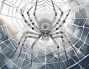 A metallic spider, designed intricately with watch parts, centered on a web made of thin white lines against a soft, almost photo
