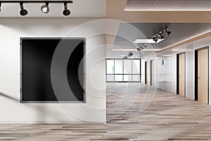 Metallic square frame Mockup hanging on wall. Mock up of a billboard in modern wooden office interior 3D rendering