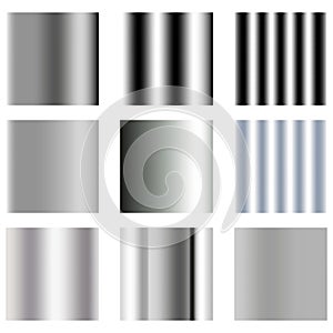 Metallic texture sample. Chrome gradient palette. Shiny steel surface. Vector silver set.