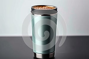 Metallic thermo cup with warm beverages, stainless steel container concept