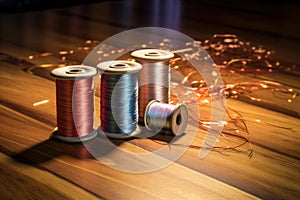 metallic thread spools with needle on a wooden surface