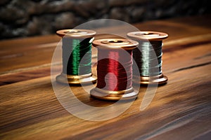 metallic thread spools with needle on a wooden surface