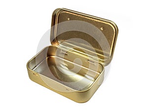 Metallic tin can isolated on white background. Opened and elegant storage box