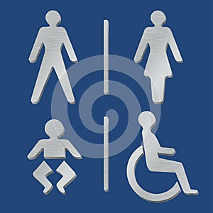 Metallic toilet gender icons. Man, woman, baby, physical impairment