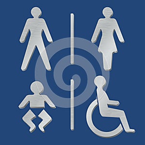 Metallic toilet gender icons. Man, woman, baby, physical impairment photo