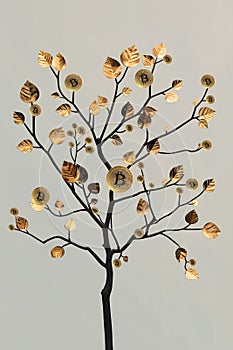 Metallic tree sculpture with golden Bitcoin tokens as leaves.