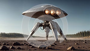 Metallic, tripod-legged spacecraft with illuminated engines on a dusty terrain, with a backdrop of forest and clear skies